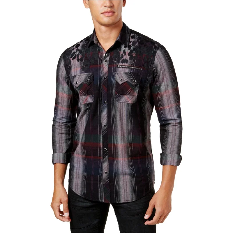 I-N-C Mens Mixed Print Button Up Shirt, Red, Small