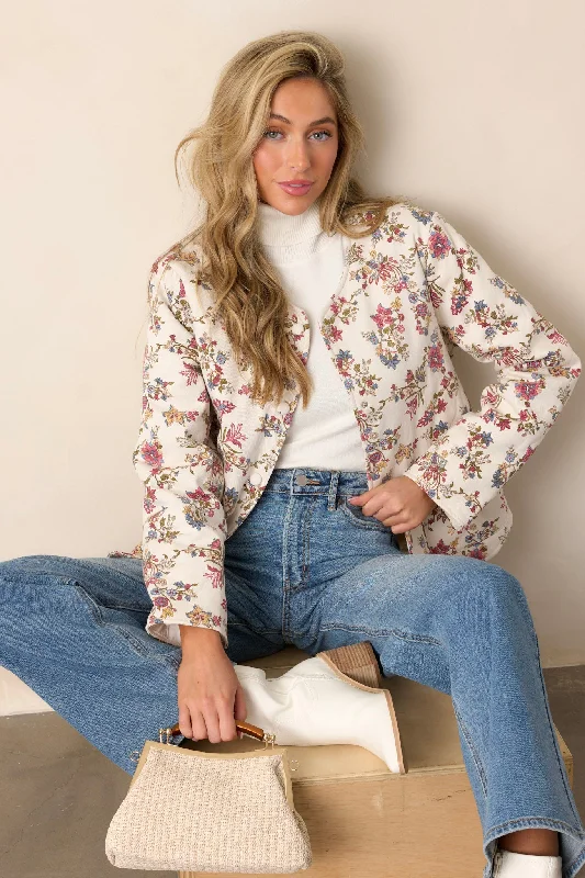 Wild Honey Ivory Floral Crew Neck Denim Jacket