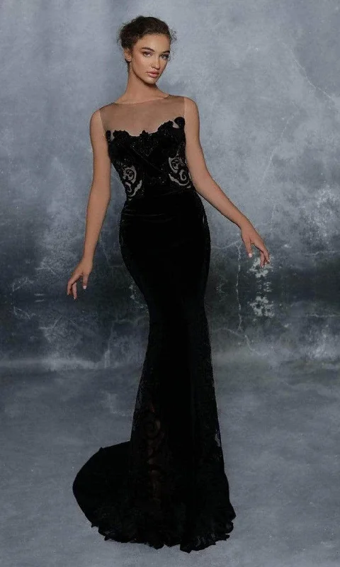 vintage prom dressesTarik Ediz - Sleeveless Lace Appliqued Prom Dress 96081