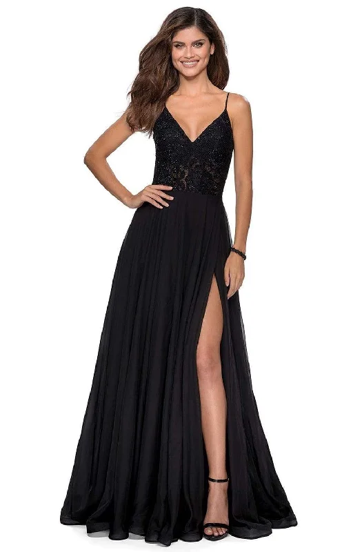 illusion neckline prom dressesLa Femme - 28664 Sequined Lace Chiffon Simple Prom High Slit Dress