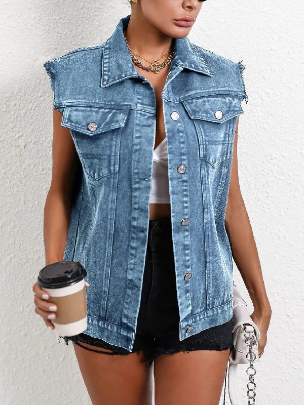 Pocketed Collared Neck Sleeveless Denim Top