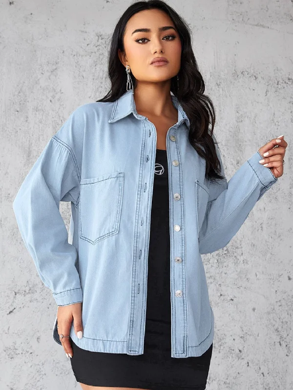 Collared Neck Button Up Long Sleeve Denim Shirt