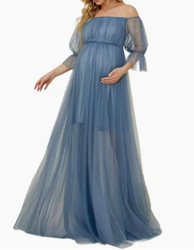 A Line Puff Sleeves Mesh Maternity Dress In Dusty Navy