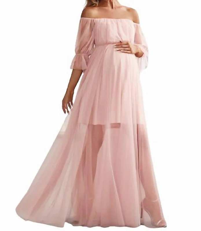 A Line Puff Sleeves Mesh Maternity Dress In Pink