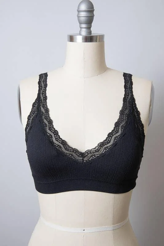 Push-Up Strapless BrasLace Trim Padded Bralette - Black