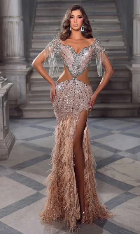 Formal Dress for Church WeddingsPortia and Scarlett PS23743C - Fringe Detailed Long Mesmerizing Gown