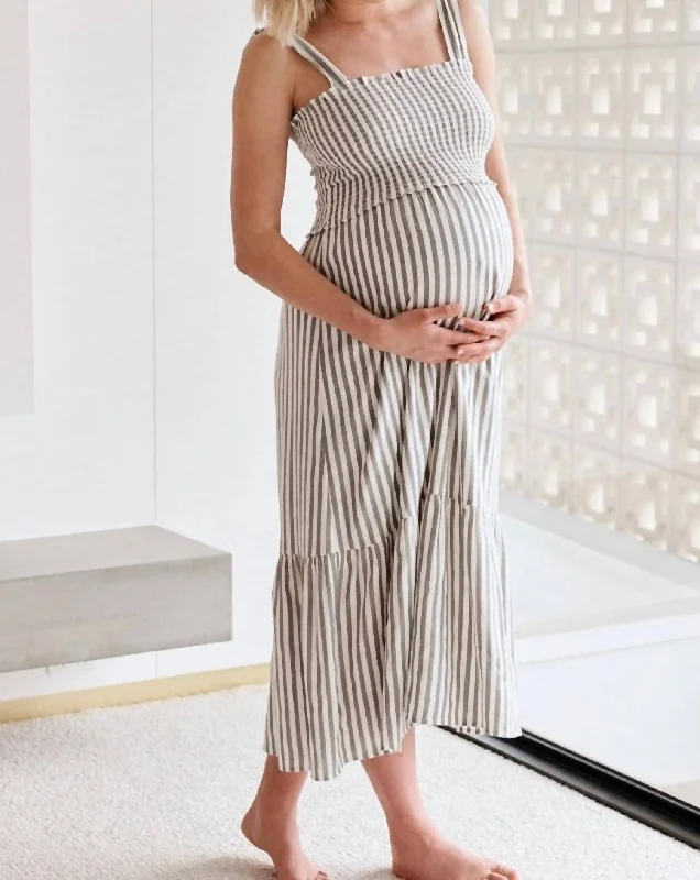 Ollie Striped Smocked Maternity Dress In Black