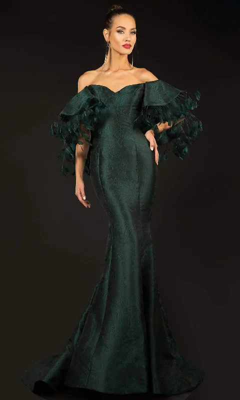 Formal Dress for Grammy AwardsTerani Couture - 2021E2796 Feather Trimmed Off Shoulder Jacquard Gown