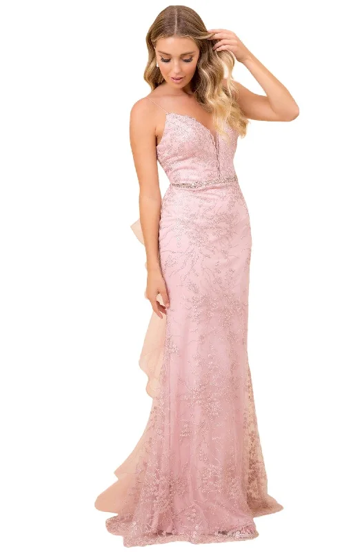 Formal Dress for Large WeddingsNox Anabel - T314 Plunging V-Neck Embroidered Mermaid Gown