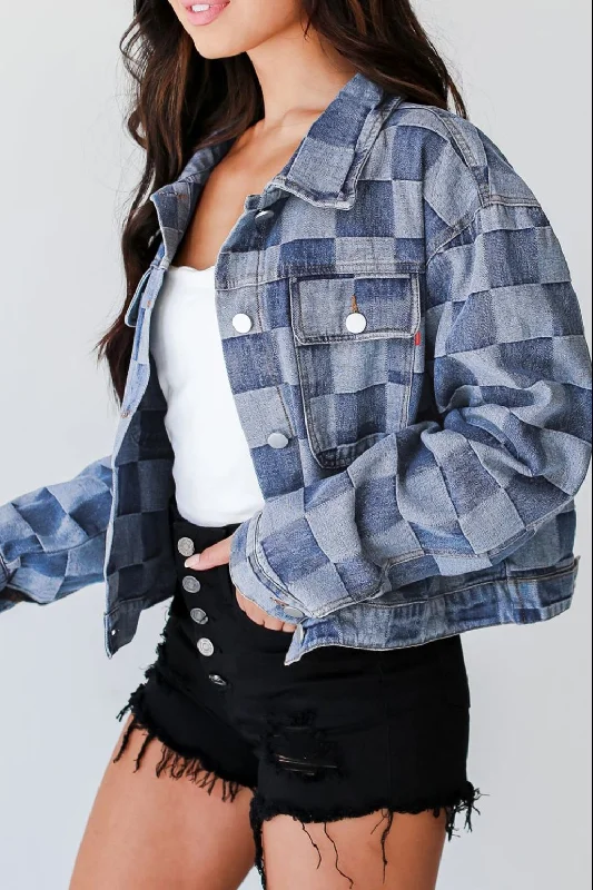 Checkered Button Up Denim Jacket