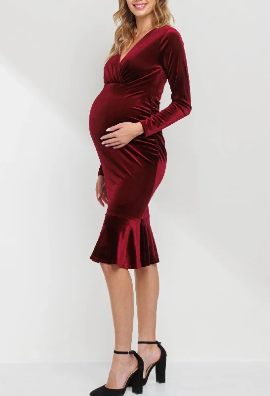 Velvet V-Neck Mermaid Hem Maternity Dress In Burgandy