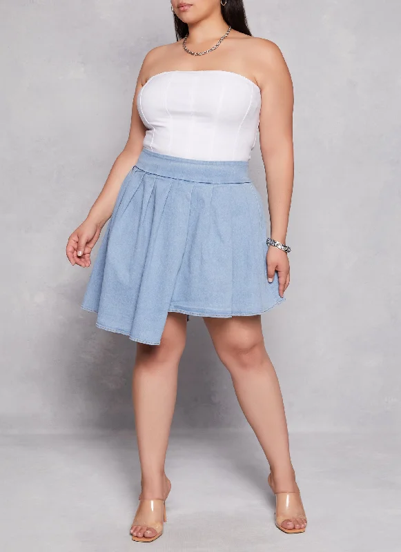 Plus Size Daisy Asymmetrical Pleated Denim Skort