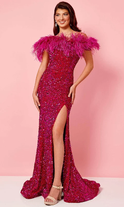 prom dresses with illusion panelsRachel Allan 70280 - Feathered Off Shoulder Prom Gown