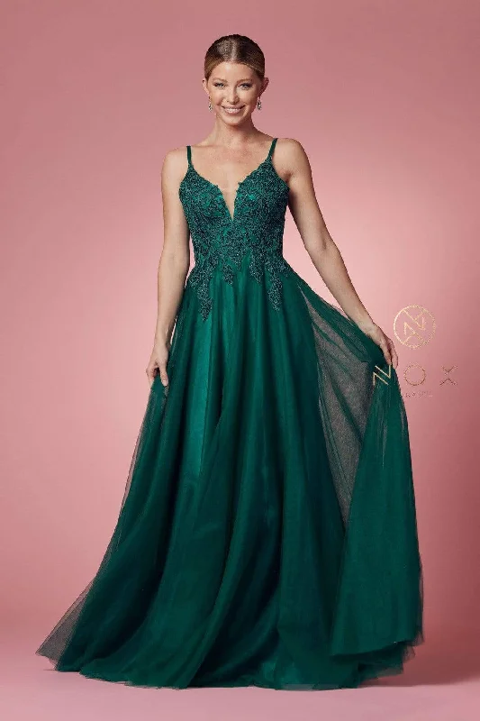 Formal Dress for Outdoor WeddingsNox Anabel - R357 Plunging Embroidered Lace Bodice Gown