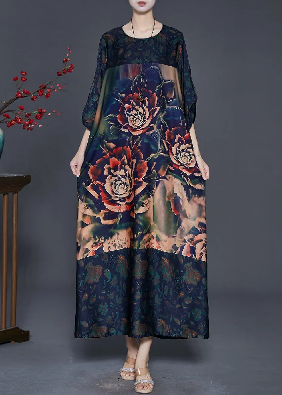 elegant maxi dressesBoutique Navy Oversized Print Silk Long Dress Spring