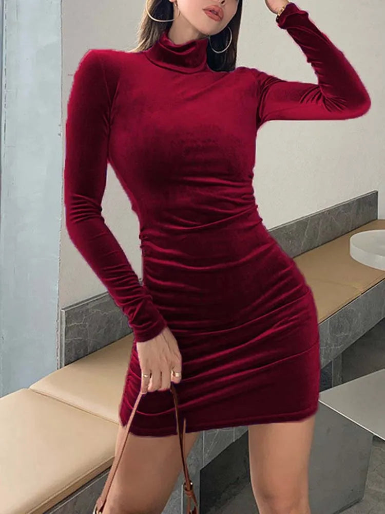 bodycon dresses with off-the-shoulder necksDressBetty - 2024 Slim Velvet Long Sleeve Party Turtleneck Bodycon Dress