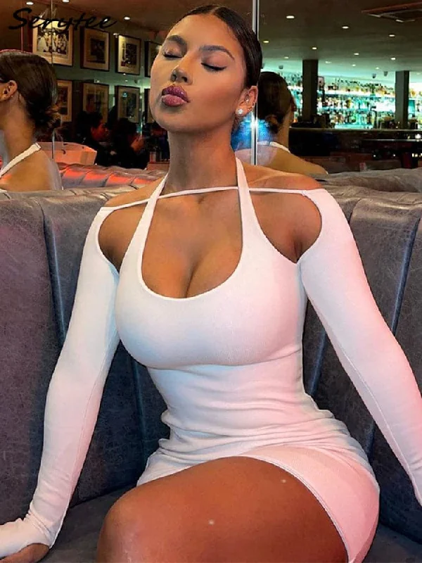 bodycon dresses for petite womenDressBetty - 2023 Serytee Spring Long Sleeve Halter White Bodycon Dress