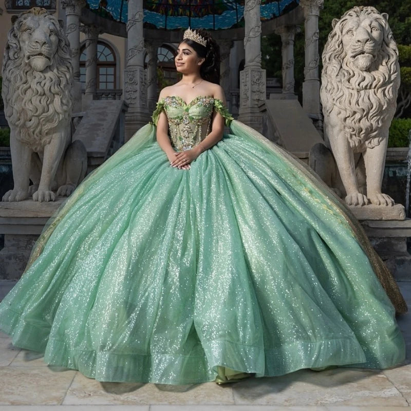 tulle party dressesSage Green Shiny Ball Gown Quinceanera Dresses With Cape Birthday Party Lace Beads Tull Vestidos De 15 Años Sweet 16 Dress