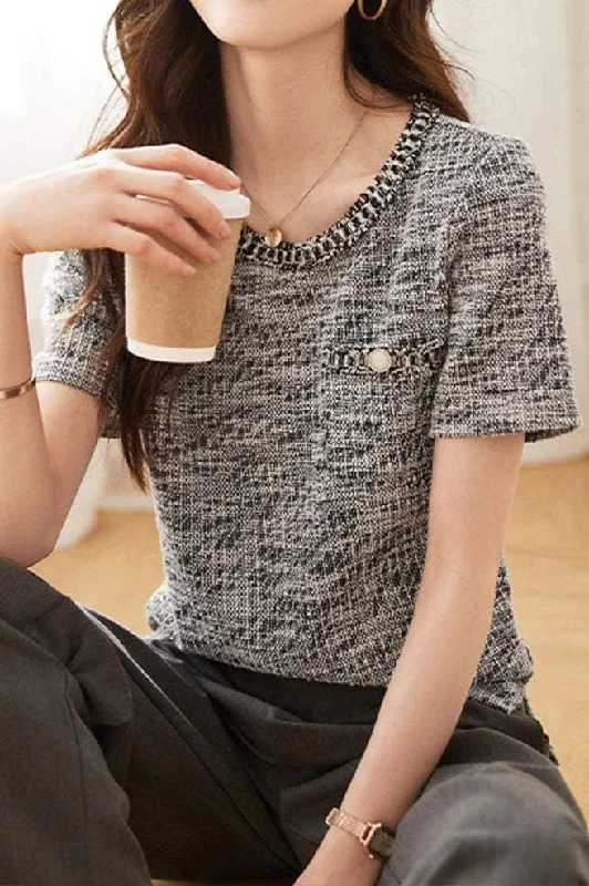 women's T-shirts with asymmetrical hemlinesChanel-style Round Neck Tweed T-shirt