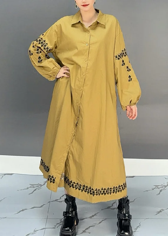 bohemian maxi dressesFashion Yellow Peter Pan Collar Print Button Long Dress Spring