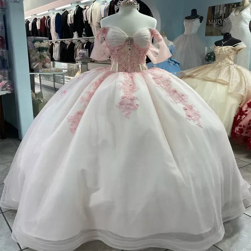 lace party dressesPink Lace Quinceanera Dress Ball Gown Applique Lace Tulle Party Sweet 16 Dress