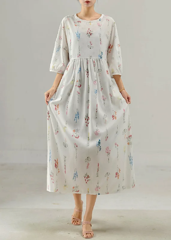 maxi dresses with lace overlaysVintage White Oversized Print Cotton Long Dresses Bracelet Sleeve