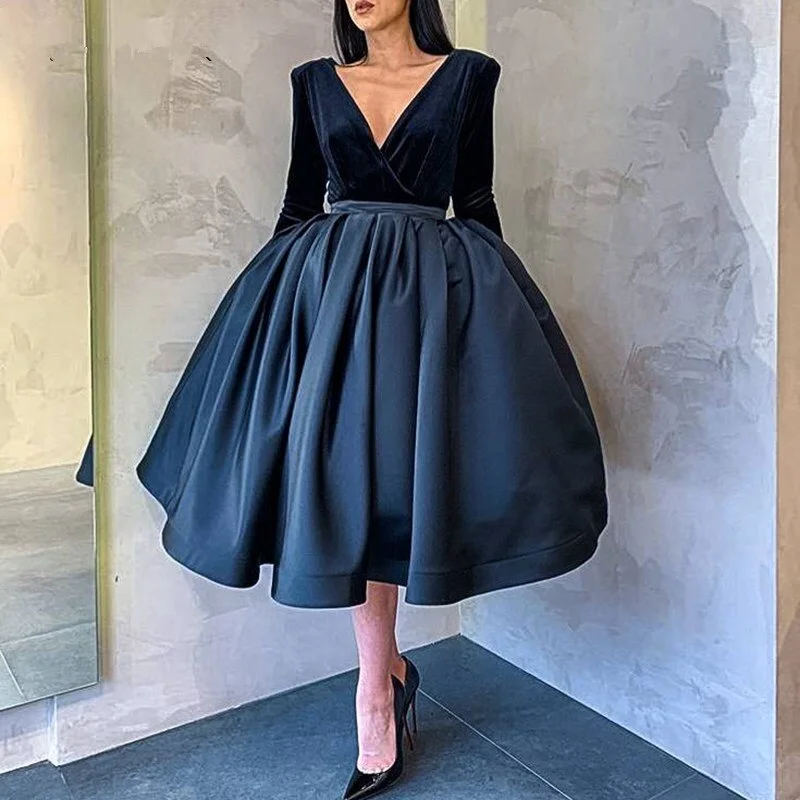 holiday party dressesNew Arrival Navy Blue Short Evening dress V Neck Long sleeve robe femme Velvet Satin party dress robes de soirée,BG059