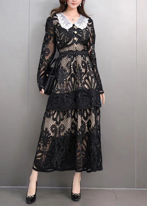 maxi dresses with long sleevesSexy Black Peter Pan Collar Lace Long Dress Spring