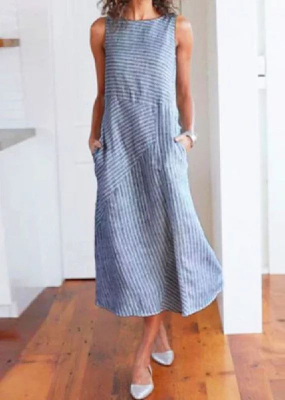 maxi dresses with removable beltsNatural Light Blue O Neck Striped Cotton Long Dresses Sleeveless