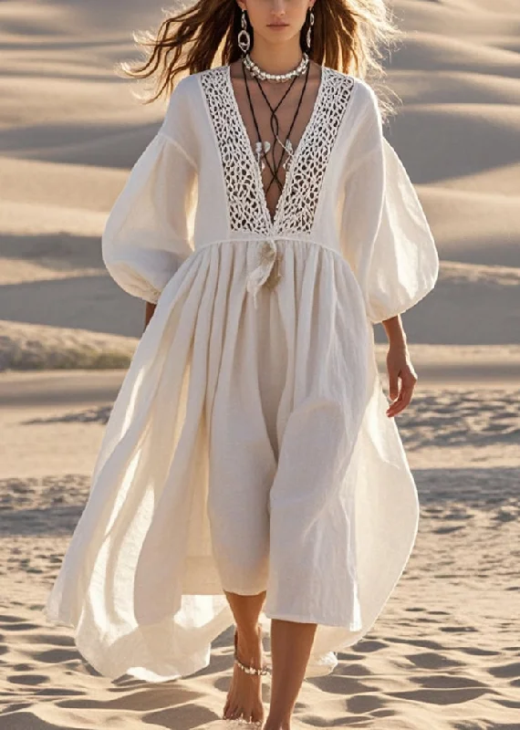 maxi dresses for black-tie eventsBohemian White V Neck Patchwork Lace Long Dresses Lantern Sleeve