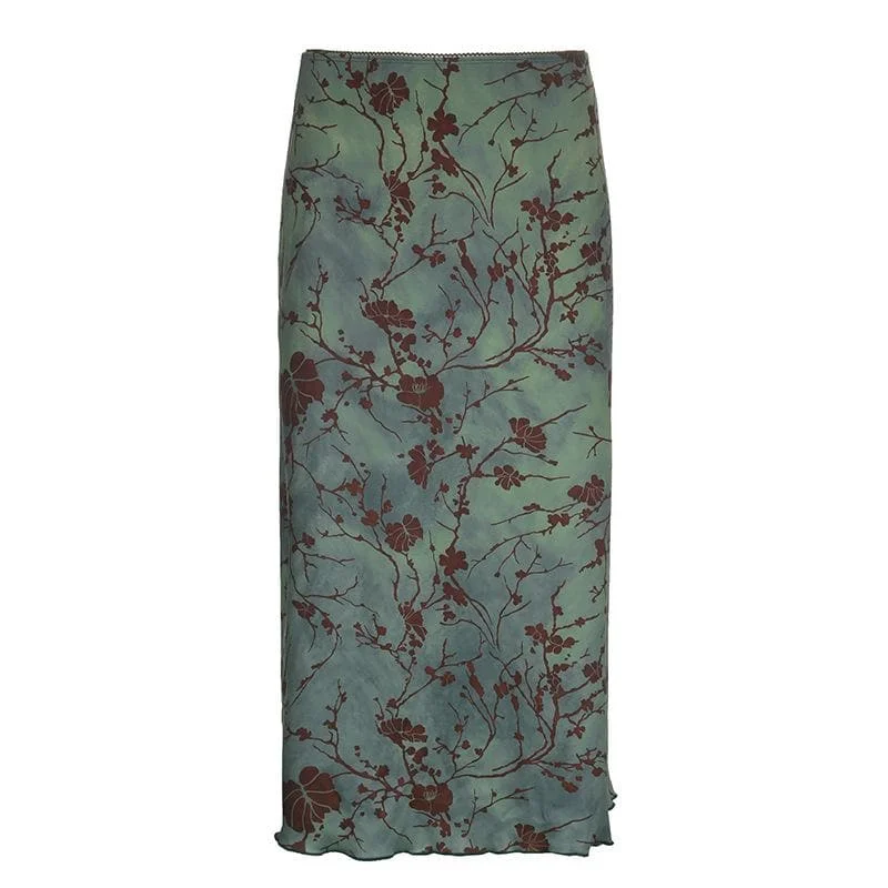 women's denim midi skirtsFlower pattern contrast ruffle tie dye midi skirt