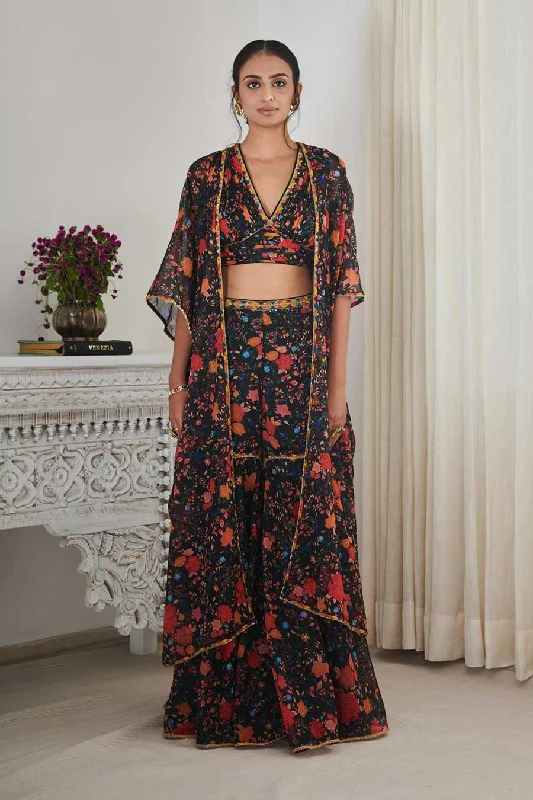 Red Sports BrasBlack Sohan Printed Bralette, Shrug & Gharara Co-Ord Set