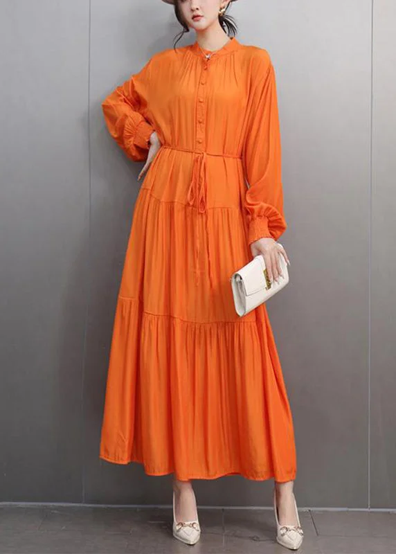 maxi dresses with pleatsFine Orange O-Neck Patchwork Tie Waist Long Dresses Spring