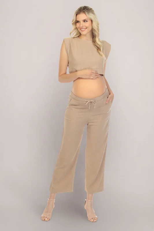 Camel Two-Piece Cropped Maternity Set