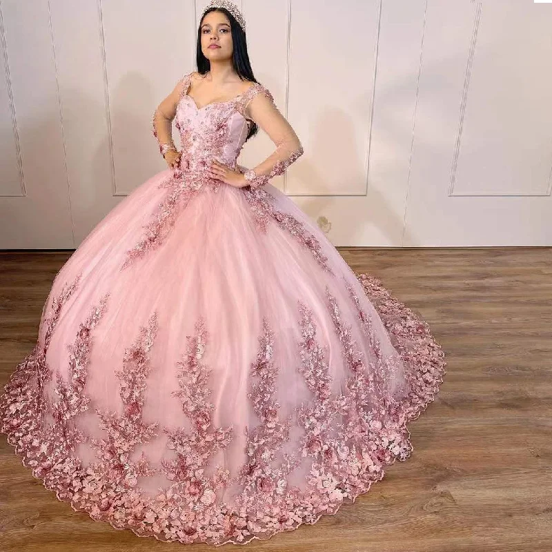 satin party dressesPink Ball Gowns Quinceanera Dresses Beading Sequined Appliques For Sweet Girl Formal Party Princess Skirt Vestidos De 15 Años