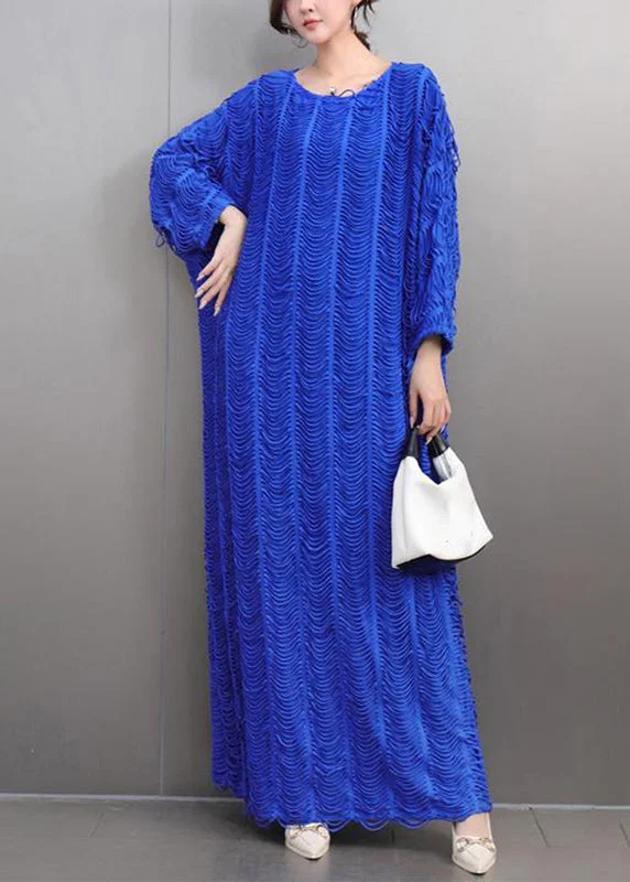 maxi dresses for cool weatherLoose Blue O-Neck Cozy Tassel Long Dress Spring