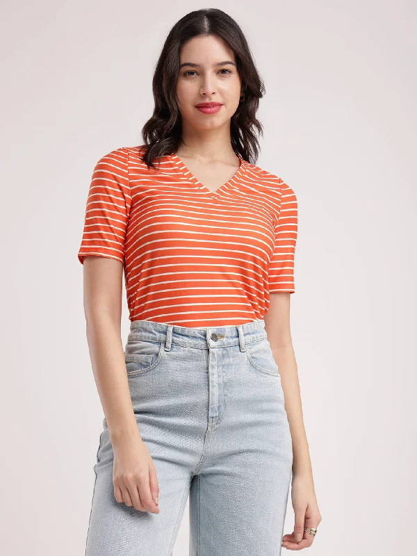 striped women's T-shirtsStriped Knitted T-Shirt - Orange And White