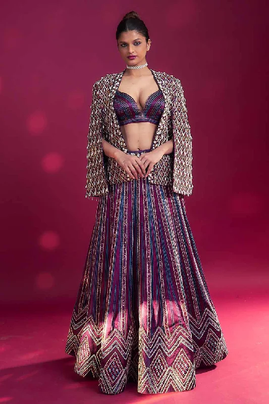 Sports Wireless BrasPurple Ajrakh Embroidered Bralette, Lehenga & Jacket Set