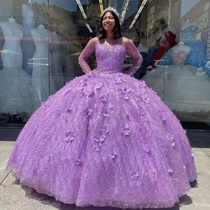 illusion-sleeve party dressesPurple Formal Ball Gown Quinceanera Dresses For Sweet Girl Sequin Beading Appliques Lace Long Party Skirt Vestidos De Fiesta