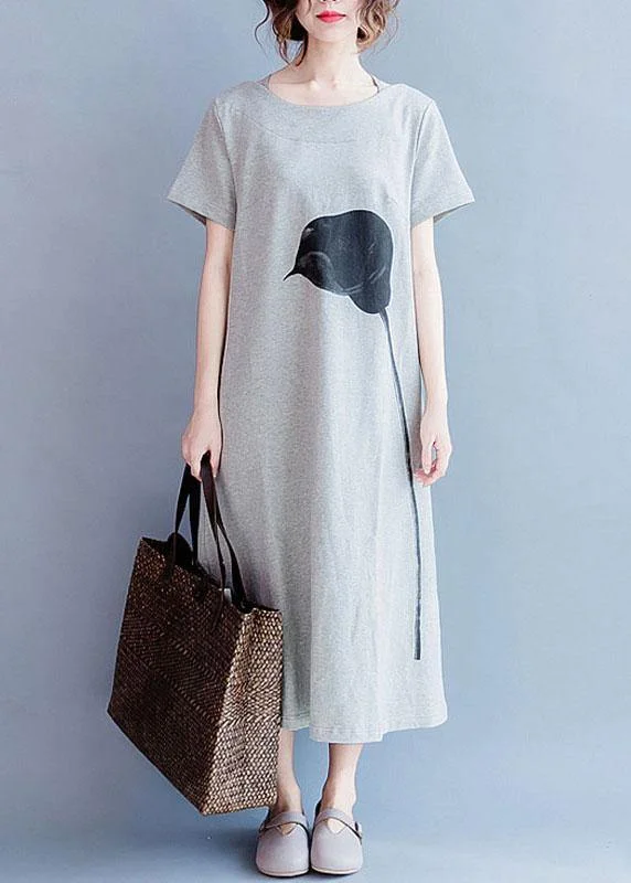 maxi dresses with keyhole backsChic o neck cotton summer Tunics gray print long Dresses