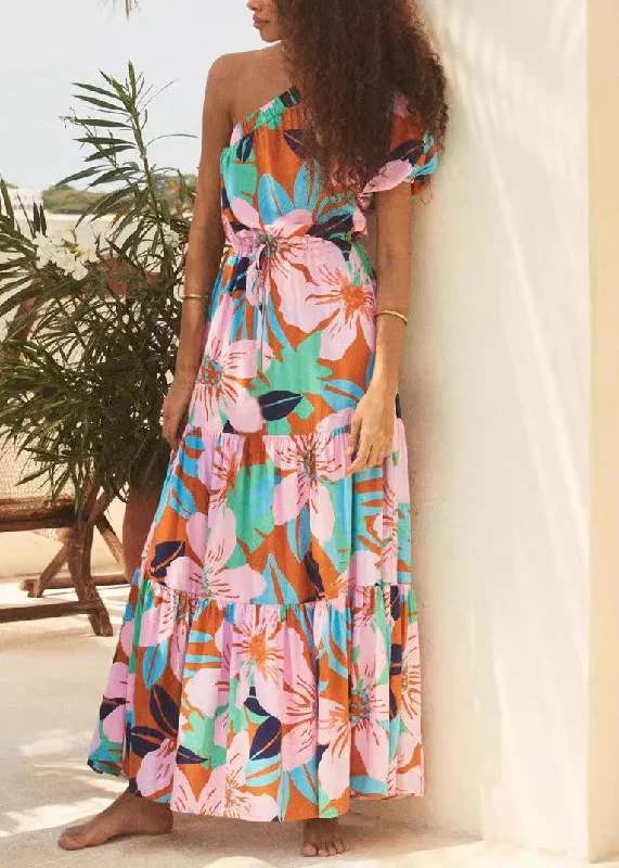 maxi dresses with empire waistsPink Lace Up Cotton Long Dresses One Shoulder Summer