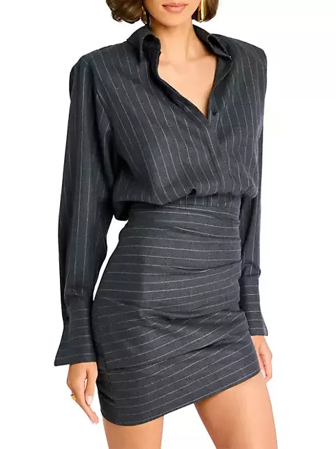 bodycon dresses with embroideryPinstripe Grey Draped Bodycon Mini Shirt Dress