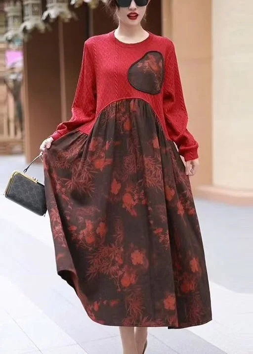 maxi dresses for travelNew Red O Neck Print Patchwork Cotton Long Dress Winter