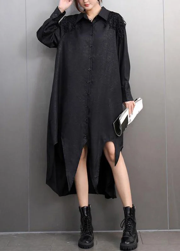 maxi dresses with cap sleevesFashion Black Peter Pan Collar Asymmetrical Lace Patchwork Long Shirts Dress Spring