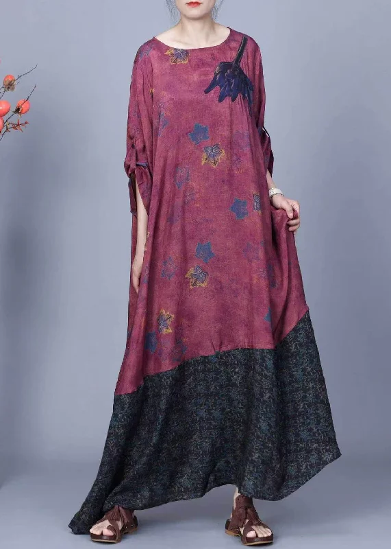 maxi dresses for weddingsVintage Purple Print Pockets Patchwork Silk Long Dresses Spring