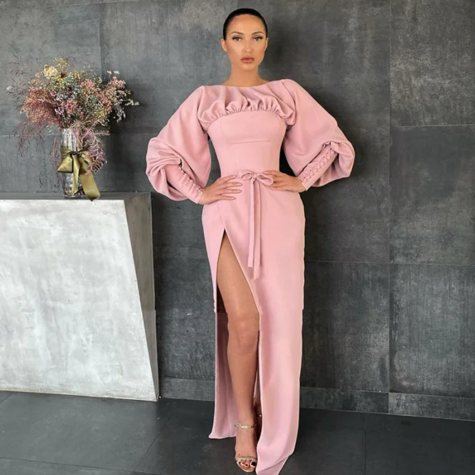 winter party dresses (with tights)Pink Boat Neck Prom Dresses Long Sleeves High Slit Satin Evening Dresses Buttoned Cuffs Sheath Formal Party Dresses,BG064