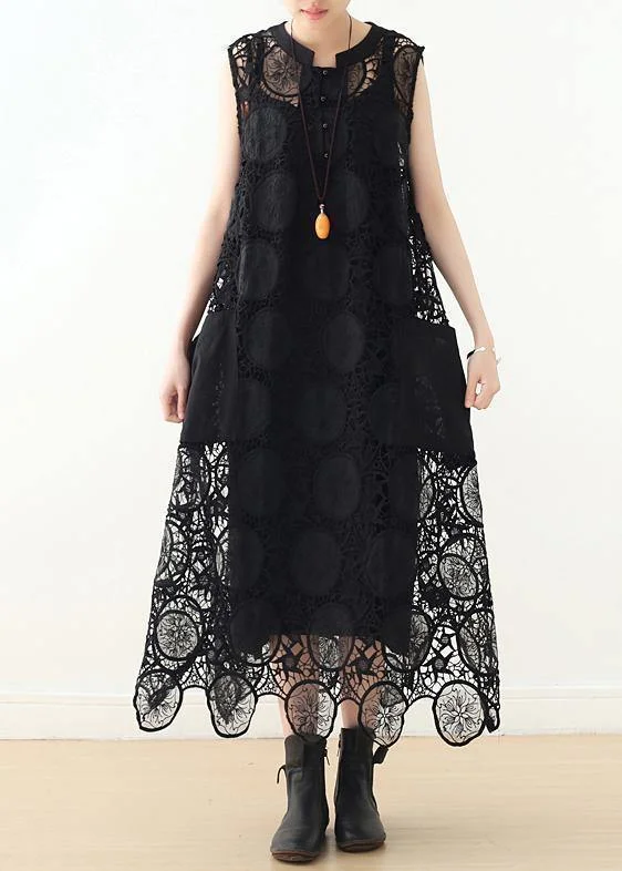 maxi dresses for mother of the brideDIY hollow out cotton Long Shirts Runway black sleeveless Art Dress summer