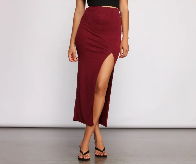 women's checked skirtsRibbed High Slit Maxi Skirt