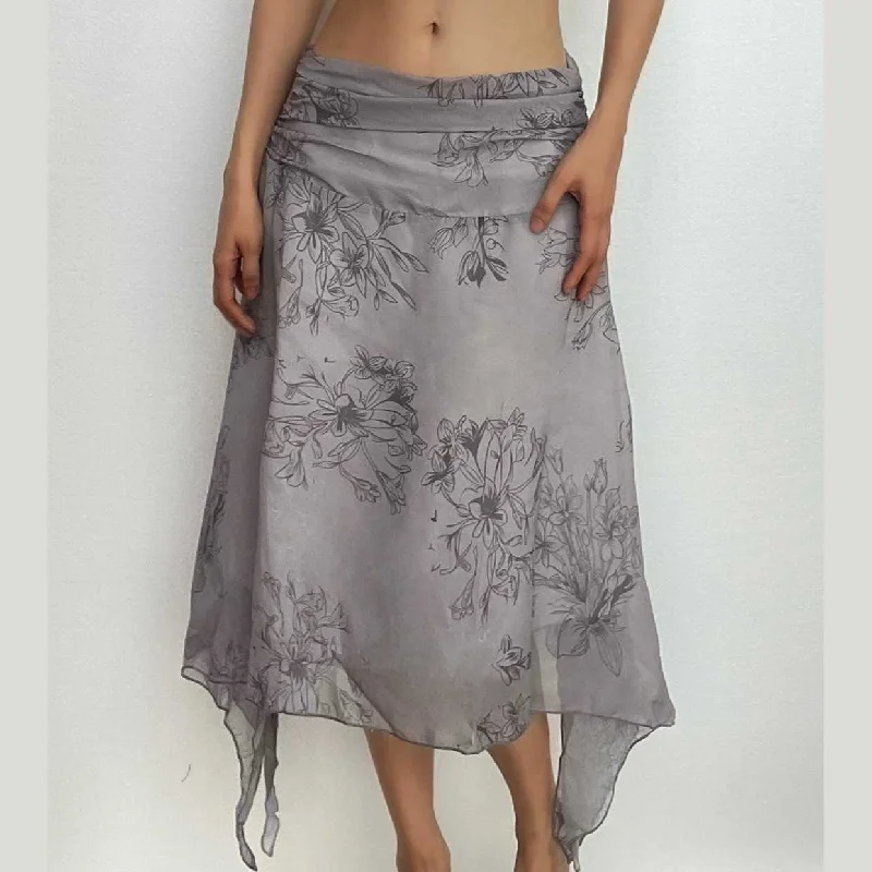 women's velvet mini skirtsMesh flower print irregular ruffle zip-up midi skirt - Final Sale