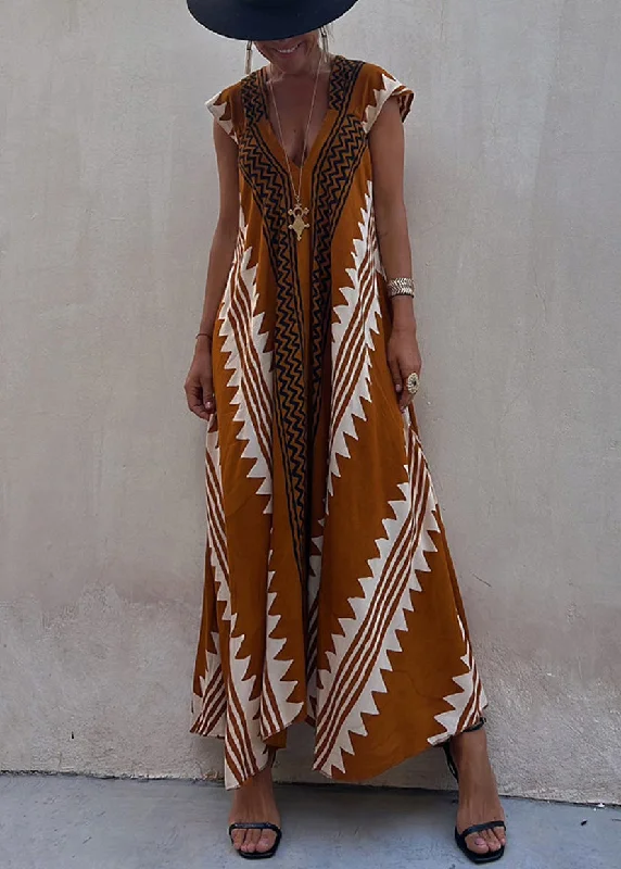 maxi dresses with A-line silhouettesNew Coffee Asymmetrical Print Chiffon Long Dresses Summer